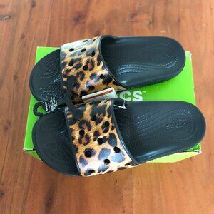 CROCS Black and Leopard Print Sandals